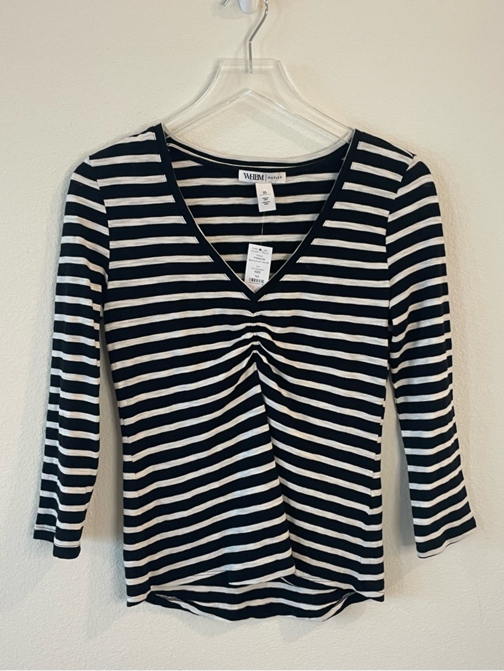 White House Black Market Black and White Striped V-Neck Bracelet Sleeve Top